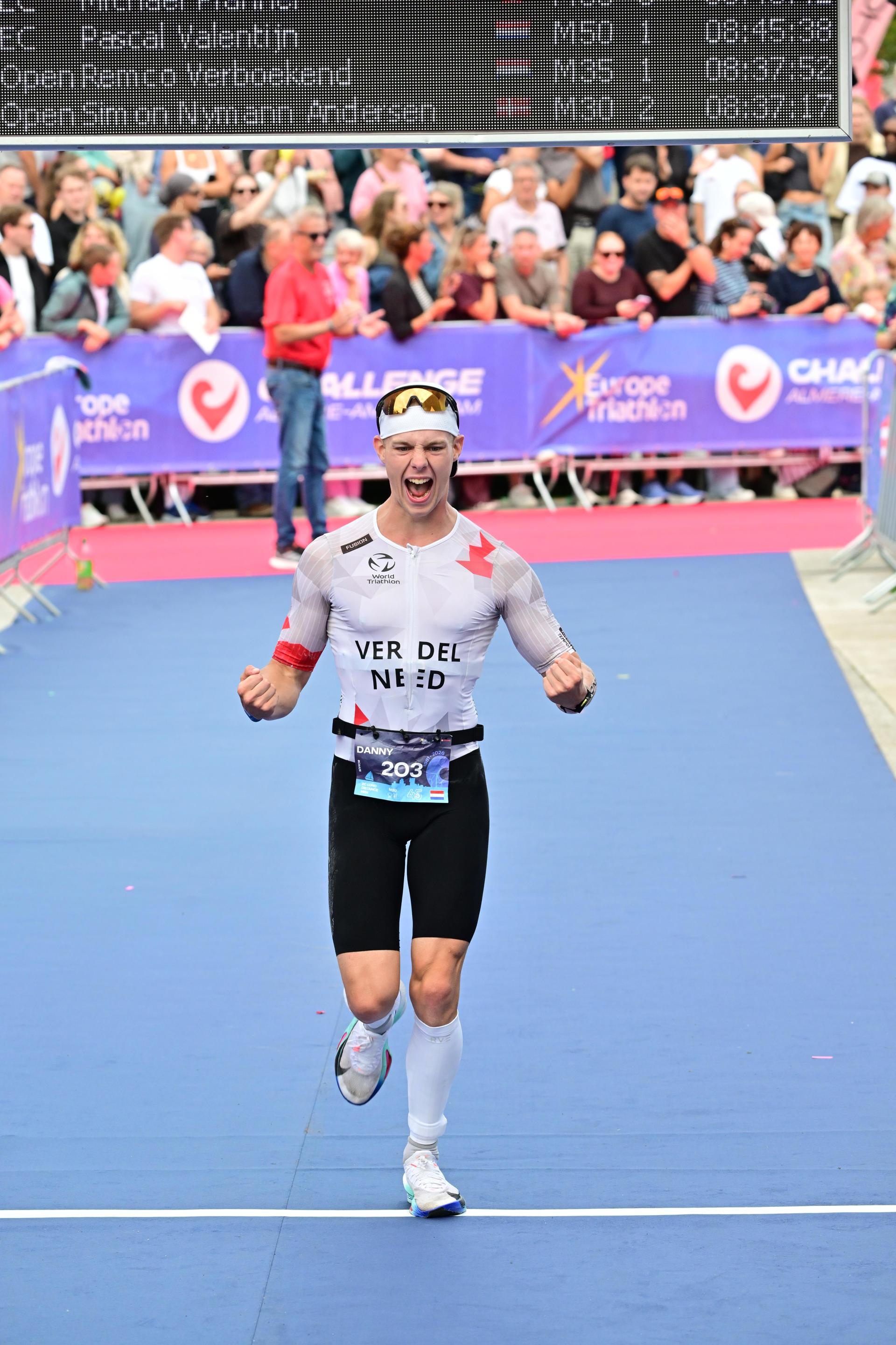 Crossing the finish line at Challenge Almere-Amsterdam